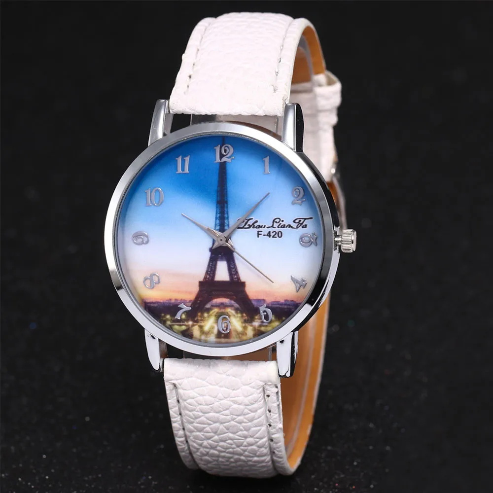 2018 New Eiffel Tower Women Fashion Leather Band Analog Quartz Round Wrist Watch Watches Clock