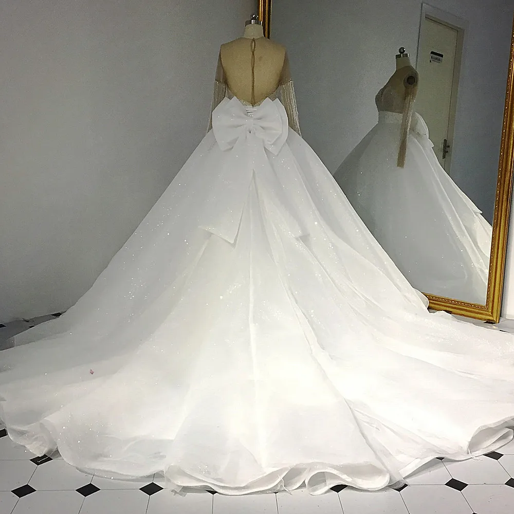 RSW1427 Luxury Bling Bling Bridal Dresses 2018 Long Bow-Knot Ribbon Long Sleeves Illusion Back Glitter Wedding Dress (5)