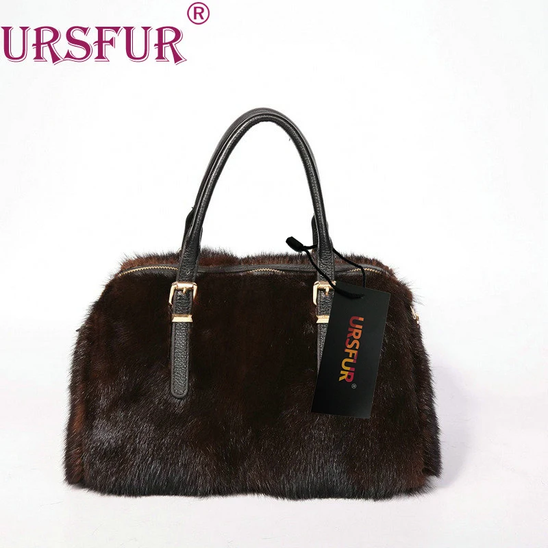 

URSFUR Genuine Mink Fur Satchel Bag Purse Women's Handbag with Leather Handle Full Mink Fur Luxury Shoulder Bag