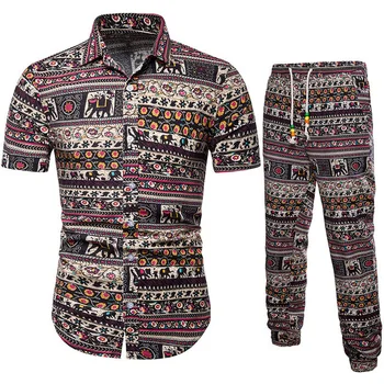 

Men Tops with Pants Suit Linen Short Sleeves Breathable Casual Clothing Set for Summer H9