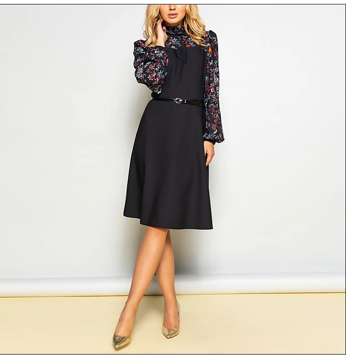 S.FLAVOR Women Autumn Winter Vintage A-line Dress NO Belt Elegant Flower Print Patchwork Dress Slim Working Dress Wear Office