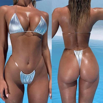 2019 Shiny Micro Thong Bikini Women Transparent Bandeau swimsuit Female Brazilian Swimwear Two pieces Bikini set Bathing Suit oiyeefo 6 colors white diamond bikini luxury swimsuit swimwear female two pieces swimming suits for women beach may shiny plavky