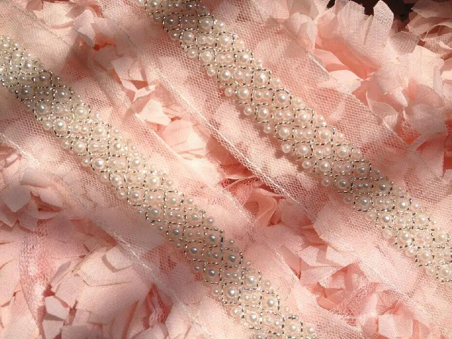 Free Shipping Craft Beaded Fake Pearls Lace Trim Bead Lace Ribbon