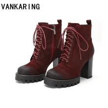 VANKARING large size suede leather ankle boots for women round toe high heels women boots brand riding autumn winter boots women mljuese 2019 women mid calf boots kid suede gray color high heels letter autumn spring women martin boots casual boots size 40
