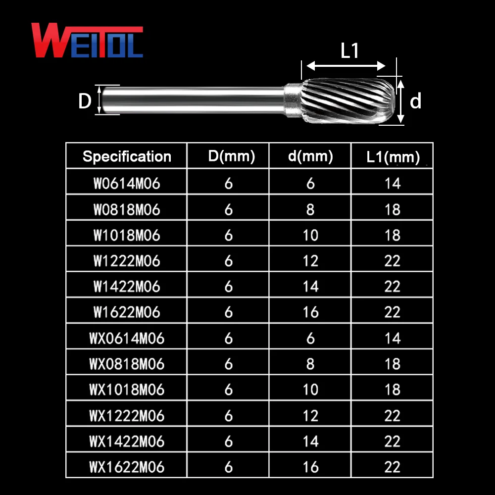 Weitol 1/4 дюймов 6 мм W Тип карбида роторные напильники карбида вольфрама заусенцы фрезы металла шлифовальные инструменты