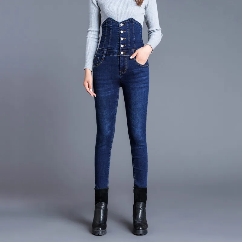 Женские с высокой талией джинсы 2019 Весна Осень однобортные Стрейчевые джинсовые брюки Shein Большие размеры женские джинсовые узкие брюки R378