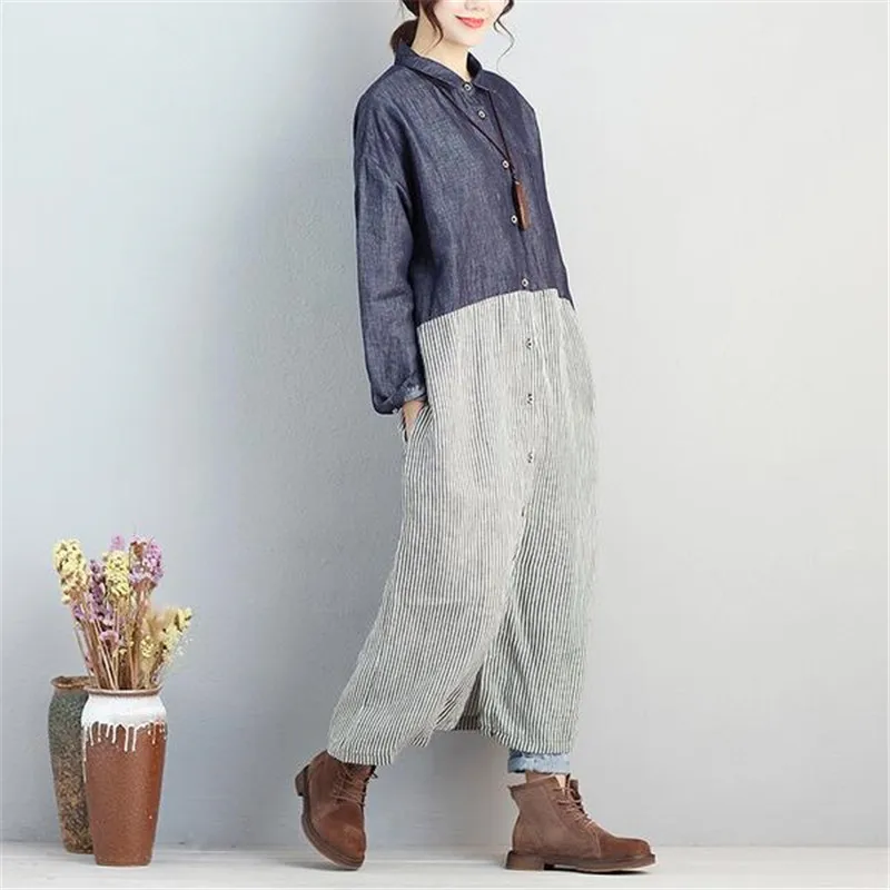 BUYKUD Casual Loose Striped Women Dresses Polo Collar Single Breasted Long Sleeve Pockets Blouse Dress Elegant Office Lady Dress Dresses