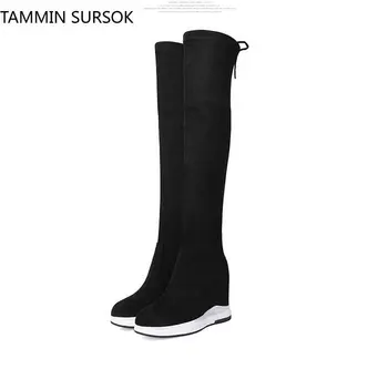 

New Style Women Genuine Leather Fashion Elastic Boots Thick Bottom Height Increasing Wedges Over The Knee Boots Size 34-40