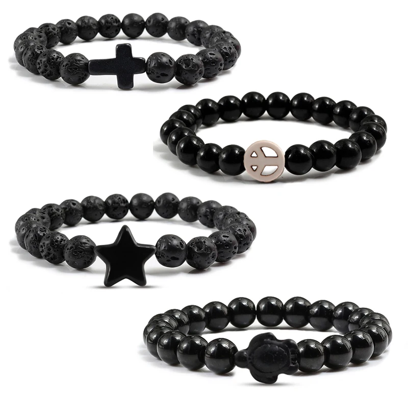 

Charm Couple Bracelets Natural Stone Lava Cross Star Tortoise Buddha Beads Bracelet For Men Women Friendship Gift Strand Jewelry