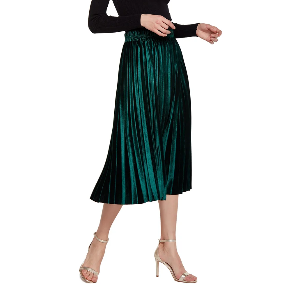 Kenancy Womens Velvet Sunray Pleats A Line Elegant Skirt Pleated velvet