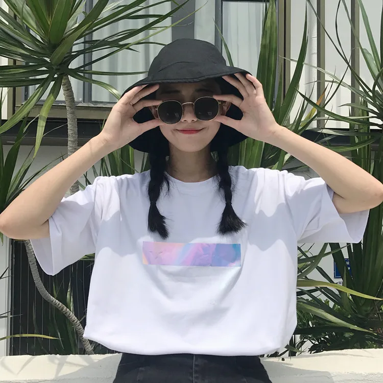 Футболка женская летняя футболка в Корейском стиле Ulzzang Harajuku с лазерным принтом и