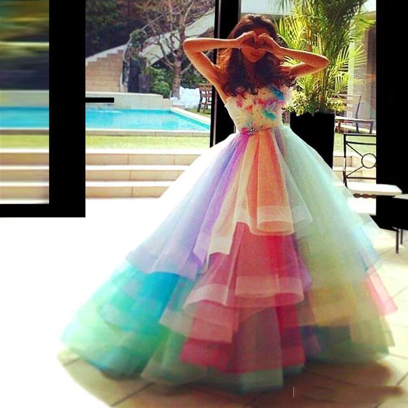 

Robe de Soiree Rainbow Colorful Prom Dresses 2019 Sweetheart Tiered Tulle Ball Gown Prom Party Dresses Vestidos De Formatura