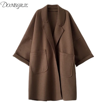 

2020 Autumn Winter Fashion New Women Open Stitch Turn-down Collar Full Sleeve Wool Female Casual Solid Color Blends Coat
