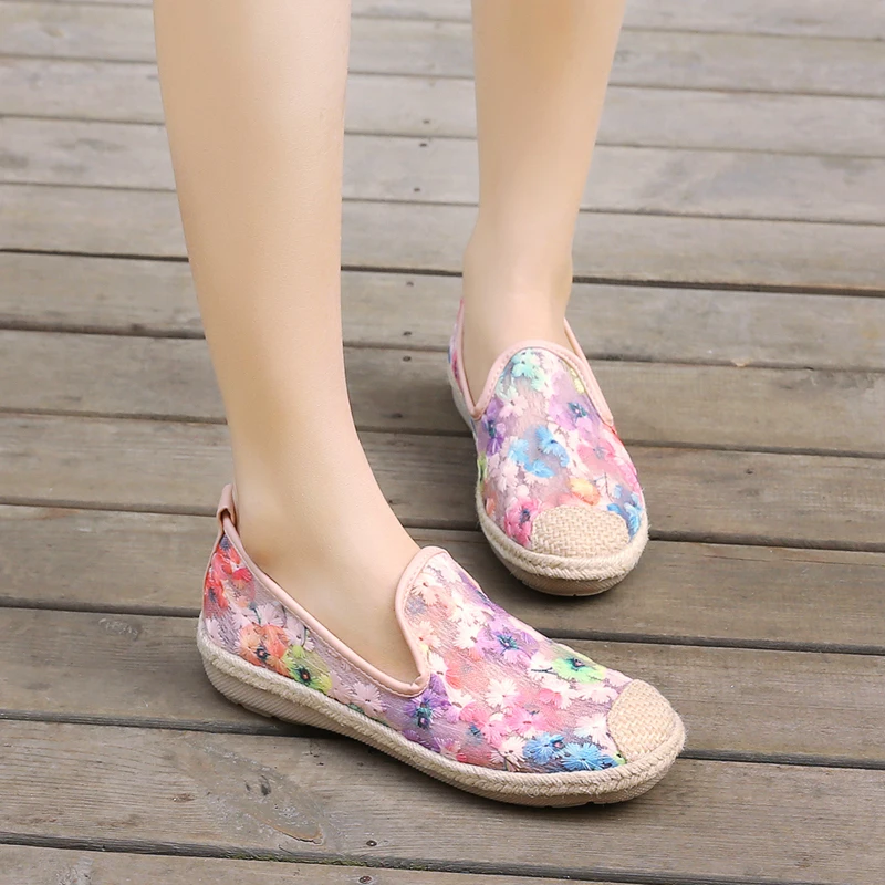 ENMAYLA/женские сетчатые туфли на плоской подошве женские слипоны с круглым носком и цветочным принтом женские повседневные удобные водонепроницаемые Мокасины размер 40 - Цвет: Розовый