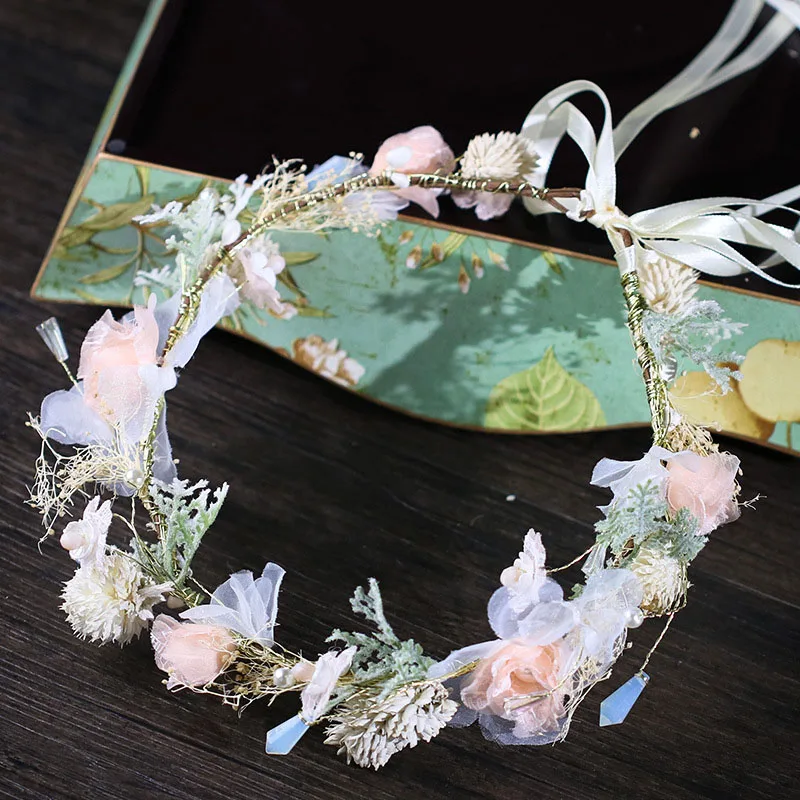 

Cute Flower Garland Pearl Ribbon Handmade Bride Hairband Headband Bridesmaid Wedding Party Headpiece Hair Jewelry Accessories JL