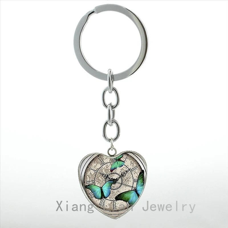 

Dragonfly Butterfly keychain Steampunk Astronomical Clock watch Insect Art picture Astronomy heart pendant women key chain HP154