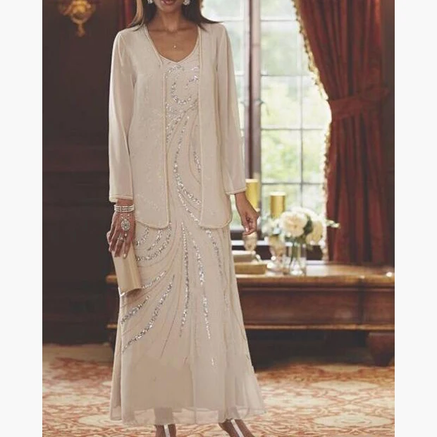 

Chiffon V Neck Two Pieces Beading Ankle Length Mother Of The Bride Dress Long Sleeves With Jacket Plus Size Vestidos De Novia