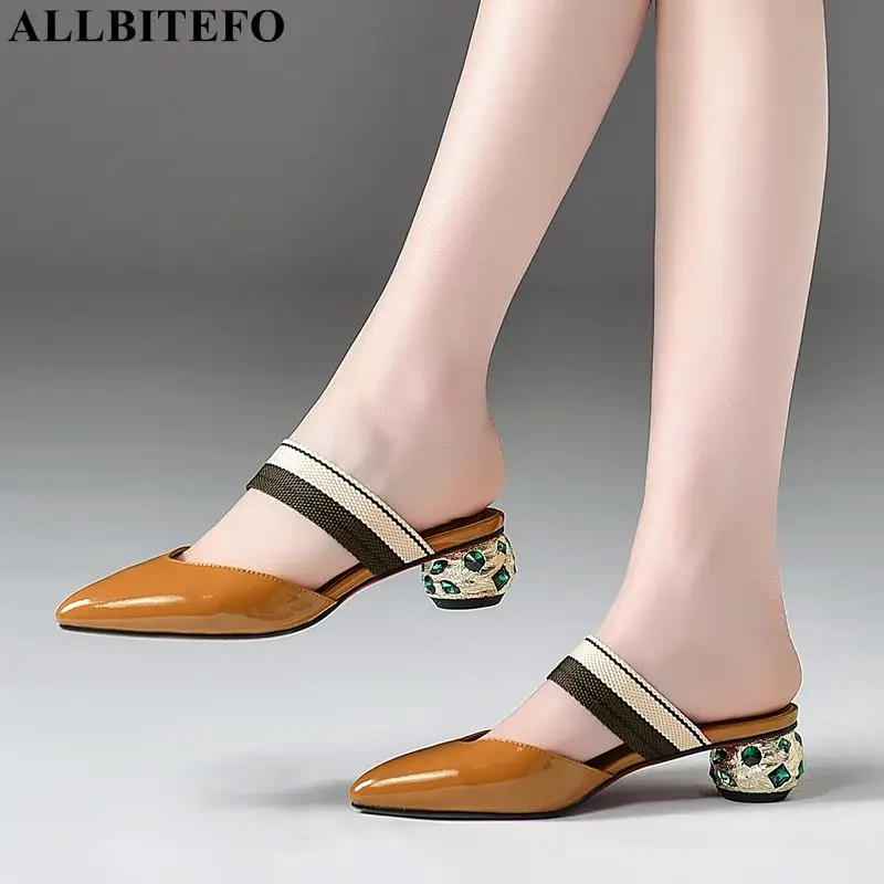 

ALLBITEFO high quality genuine leather Rhinestone heel party women sandals high quality office ladies shoes summer women heels