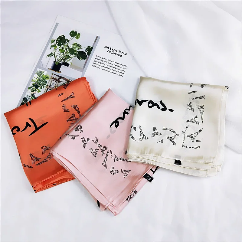 

Soft women small square scarf/ Fashion handkerchief with beautiful letter print/ women handbag scarf.Hair ribbons Headbands