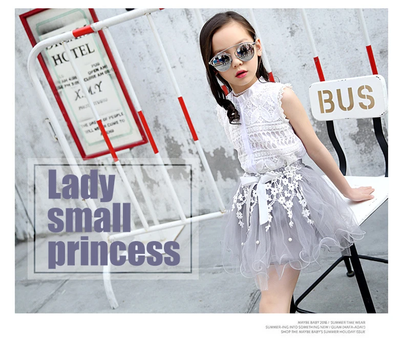 Summer Children Clothing Set For Teen Girls Clothes Outfits 2019 Fashion Lace Tops Flower Tule Skirt 2Pcs Comfortable Kids Suit (1)