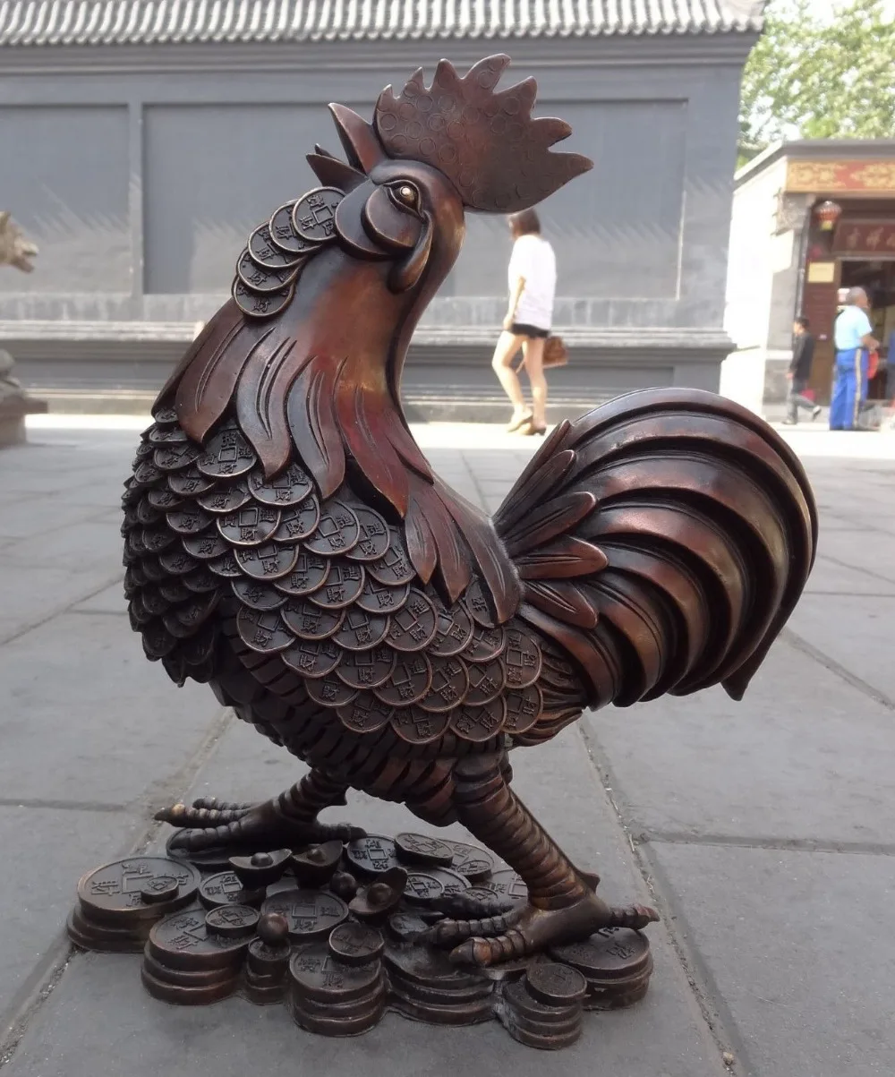 

15" Chinese Zodiac Pure Bronze Carved Coin Cai Fu Wealth Cock Rooster Statue