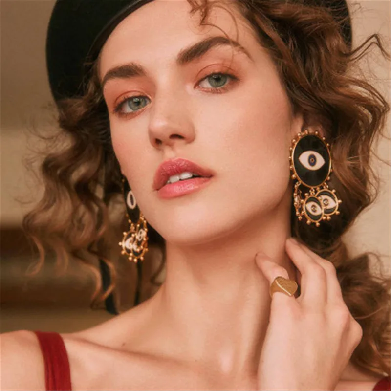 

2019 New Fashion Street Style Black Color Evil Eye Big Earring Punk Exaggerated Dripping Oil Evil Eye Drop Earring Party Jewelry
