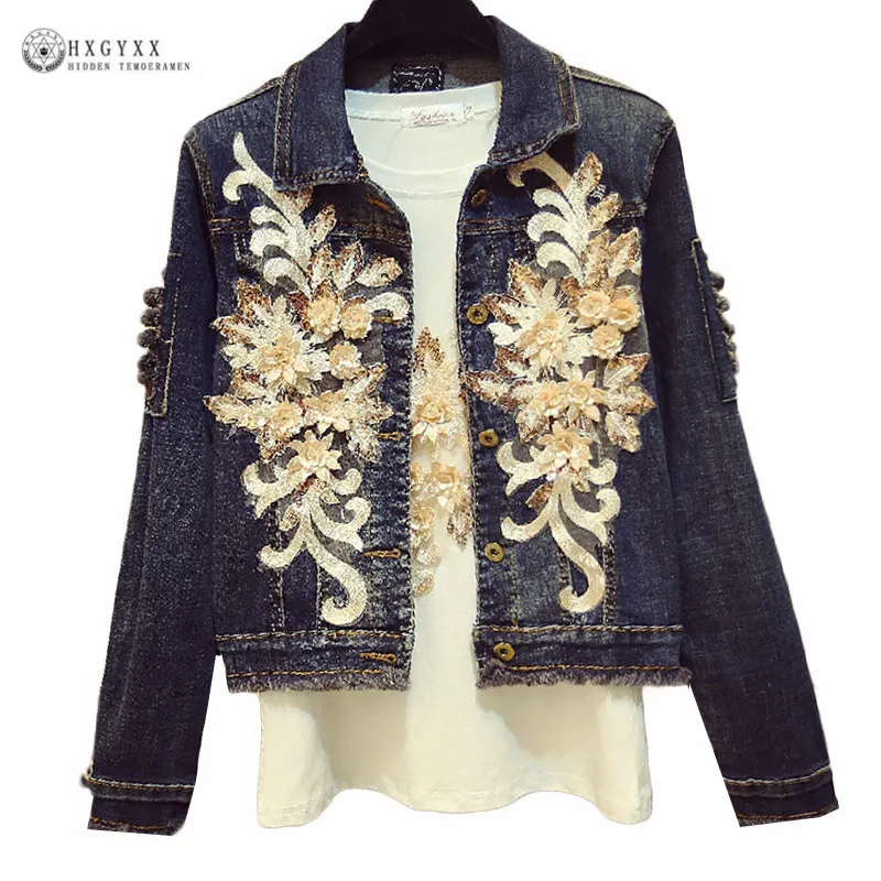 

2019 Spring Women Denim Jacket Korean Clothes Hole Flower Embroidery Long Sleeve Slim Jeans Coat Ladies Outwear Streetwear B083