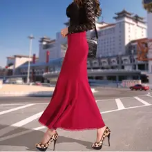 Весна осень Женская эластичная высокая талия тонкая кружевная Труба Длинная юбка женские плиссированные оборки офисные юбки до колена R28