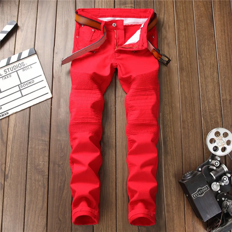 Для мужчин женские Стрейчевые джинсы-скини красные плиссированные юбки потертые прямые мужские джинсы Байкерская Повседневное твердый сезон мужской джинсовые штаны модная одежда - Цвет: Красный