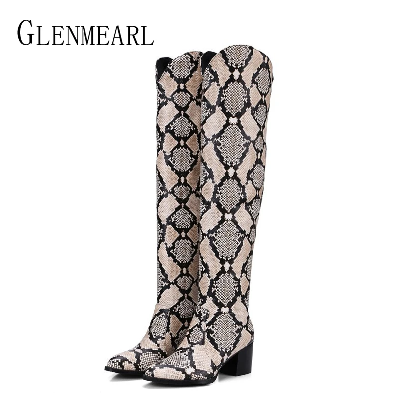 

Women High Boots Over The Knee Winter Long Boots Snake Sexy Female Boots Warm Pointed Toe Shoes High Heels Plus Size DE