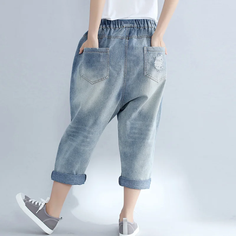 THHONE Plus Size Jeans Women Harem Pants Elastic Waist Casual Trousers Embroidered Torn Washed Denim Pants Ripped Jeans Female THHONE Plus Size Jeans Women Harem Pants Elastic Waist Casual Trousers Embroidered Torn Washed Denim Pants Ripped Jeans Female