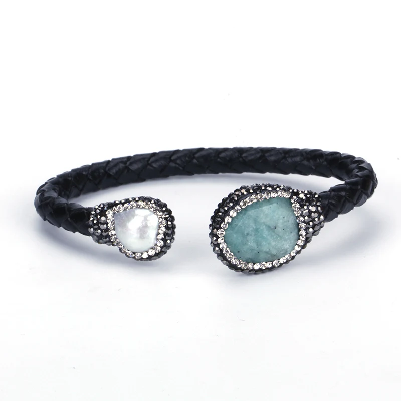 

Rough Freshwater Pearl Lake Blue Semi Precious Stone Charm Black Real Leather Wrap Adjustable Open Bracelet Cuff Bangle Women