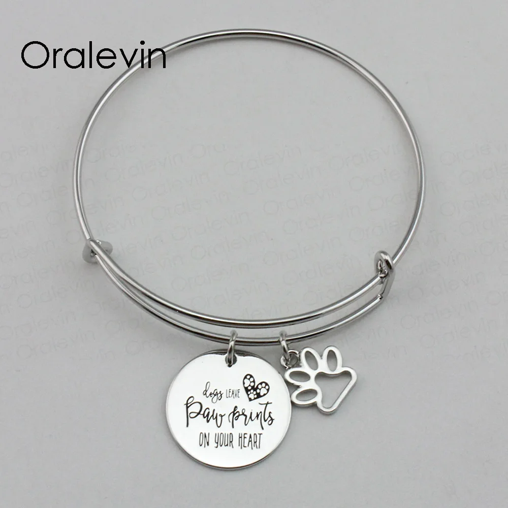 

DOGS LEAVE PAW PRINTS ON YOUR HEART Inspirational Hand Stamped Engraved Pendant Wire Bracelet Bangle Jewelry,10Pcs/Lot, #LN2167B