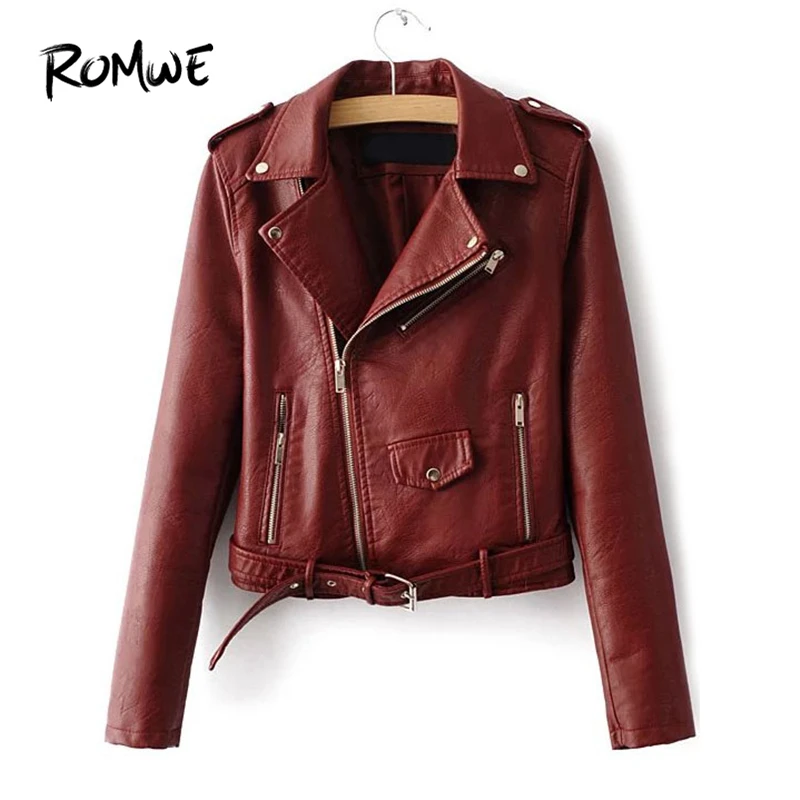 

ROMWE Faux Leather Buckle Belt Hem Moto Burgundy Biker Jacket Women Casual Turn-down Collar Autumn Zipper Rock Spring Plain Coat