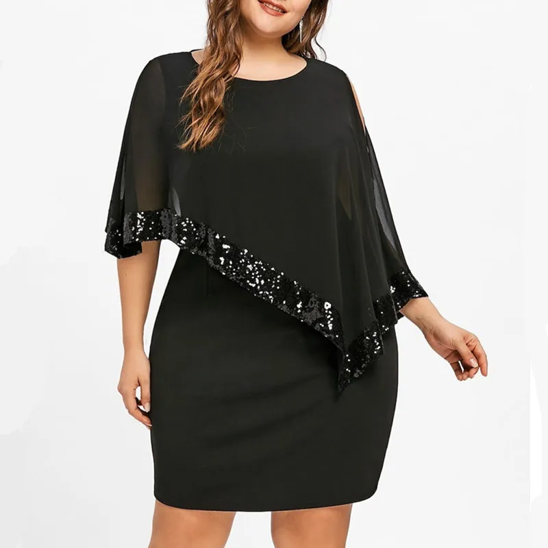 

2019 Irregular Sequin Mosaic Large Size Women's Dress Women's 5-color Half Sleeve Solid Color Knee-Length Empire Waist Dress 5xl
