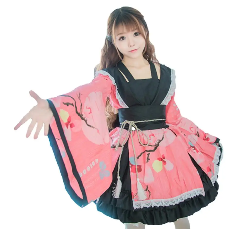 Шанхай история хлопок цветок печати кружевной край кимоно юката платье горничной аниме комплекты для Лолиты Meidofuku униформа наряд - Цвет: Розовый