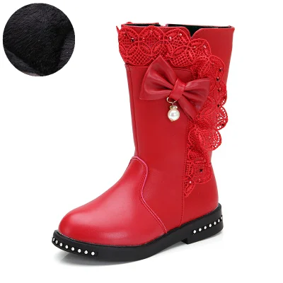 Осенние детские ботинки; детские зимние ботинки; зимние теплые ботинки для девушек; кожаные модные ботинки принцессы; бархатная обувь с бантом и кружевом - Цвет: cotton boots red