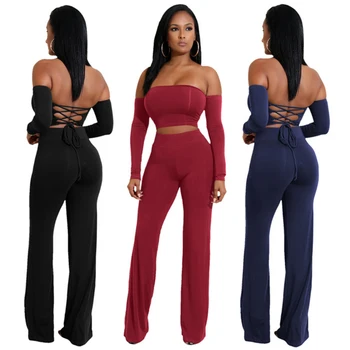 

2019 Autumn And Winter Women's Long-Sleeved Solid Color Stitching, Open Back Hollow Explosion Six-Color Strap Two-Piece jumpsuit
