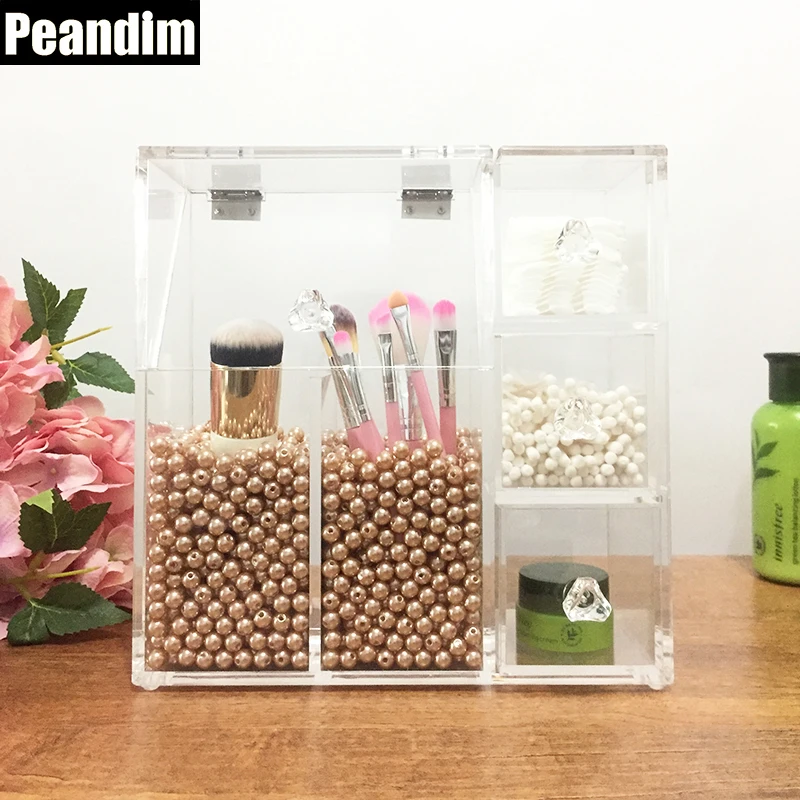 PEANDIM Cosmetic Case Lipstick Box Makeup Organizer Acrylic Brush Holders Cotton Swab 3 Drawers Dustproof Display | Дом и сад