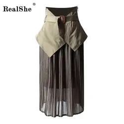 RealShe 2019 Лето Повседневное юбки женские высокие пояса лоскутное плиссированные миди юбка женская хлопковые юбки Jupe Femme