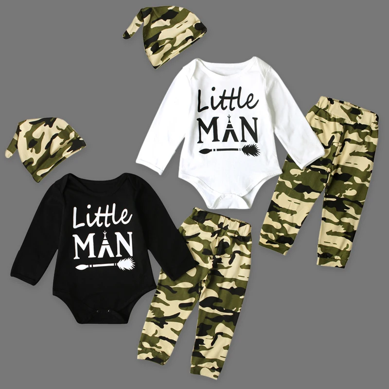

Autumn New Style Newborn Toddle Clothes Set 2 Colors Little MAN Printed Long Sleeves+Army Green Pants+Hat 3pcs Clothes Set