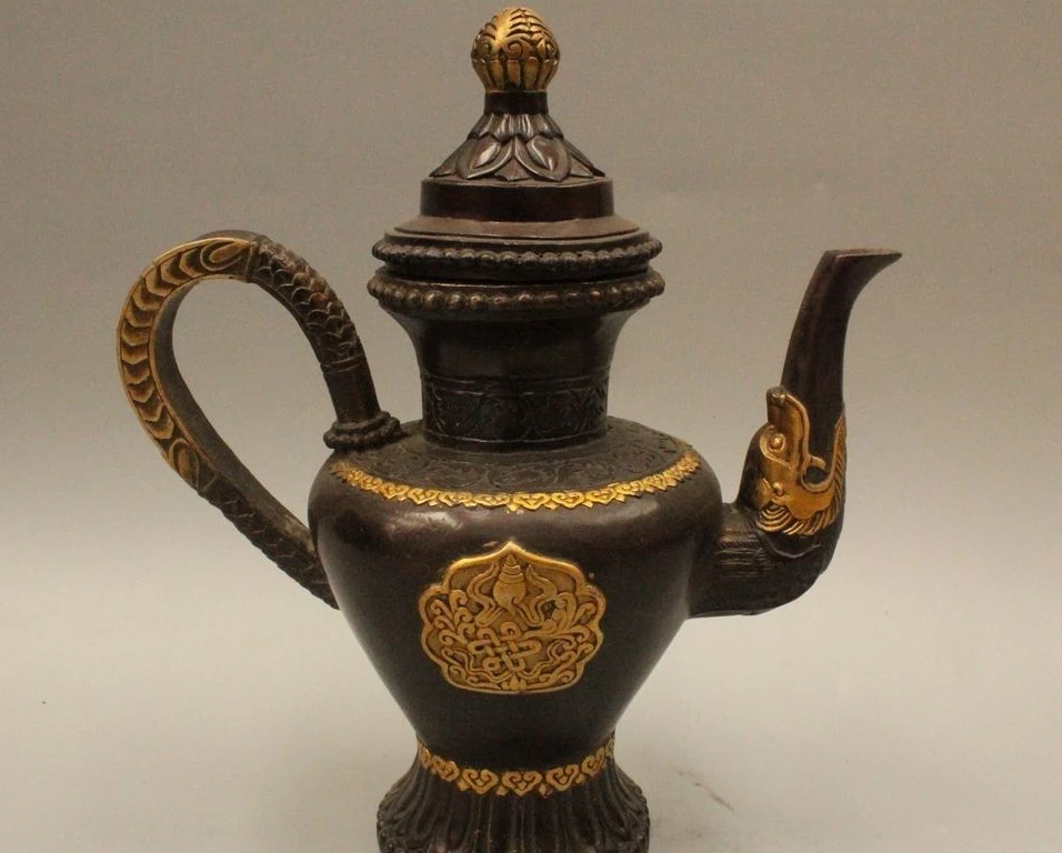 

10" Tibet Buddhism Bronze Gild 8 Auspicious Dragon Water Wine Tea Pot Flagon