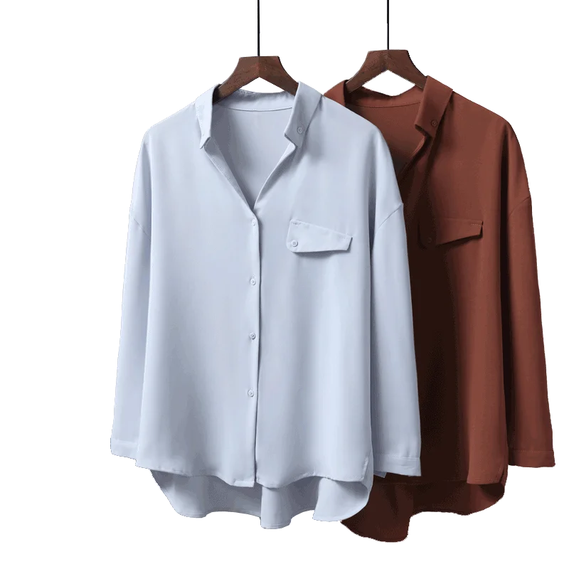 2019 осень новая женская шифоновая блузка и Офисная Леди однотонный карман с длинными рукавами белые рубашки верхняя одежда Топы