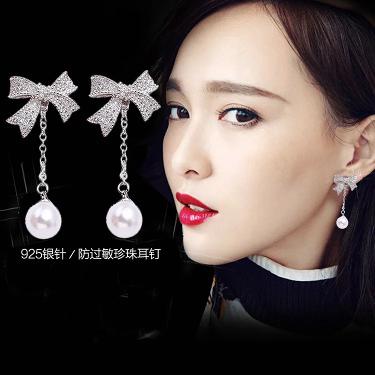 bow pearl tassel earrings 925 silver post Hypoallergenic fadeless alloy fashion jewelry stud earrings for women girl gift