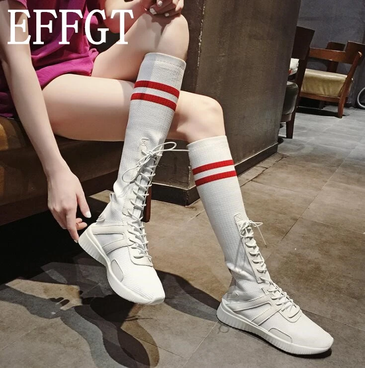 Bajo mandato esta noche Fortaleza EFFGT 2018 moda alta ayuda botas femeninas largas mujeres rodilla botas  estudiante ocio Stretch botas pisos Lace up mujeres zapatos H833|Botas  hasta la rodilla| - AliExpress