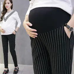 Вертикальные полосы материнства брюки осень хлопок живот эластичный пояс брюки Одежда для беременных женщин беременность брюки