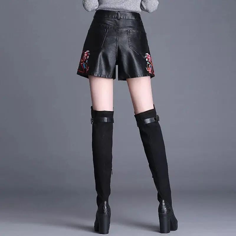 Embroidered Wide Leg Short Pants Women High Waist Loose Women