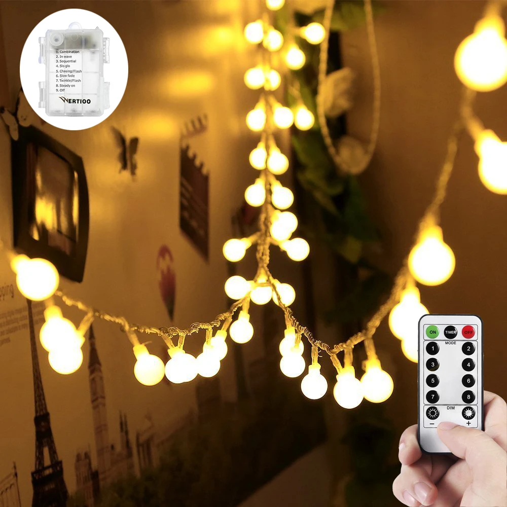 WERTIOO 33ft 100 Leds Globe string Lights Battery Operated fairy Lights