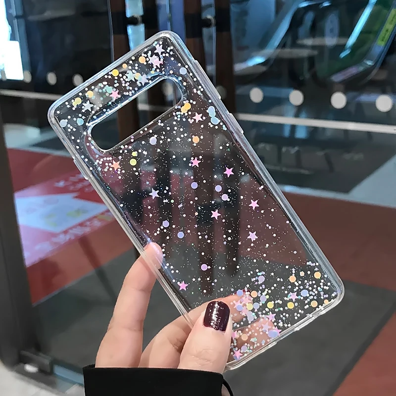 YHBBCASES For Samsung Galaxy S8 S9 S10 Plus Fashion Colorful Bling Paillettes Stars Clear Soft Cover For Samsung Note 8 9 Cases