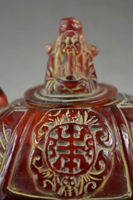 EXQUISITE Chinese Old Handwork Amber Carving Dragon & The God Of Wealth Tea Pot 
